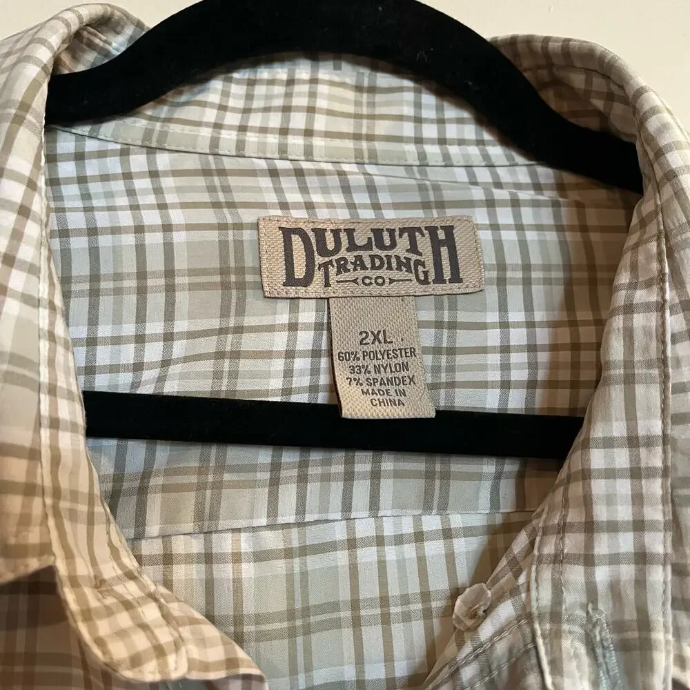 Mens Duluth Trading Co Shirt Long Sleeve Button Down Plaid‎ Light Green Tan 2XL